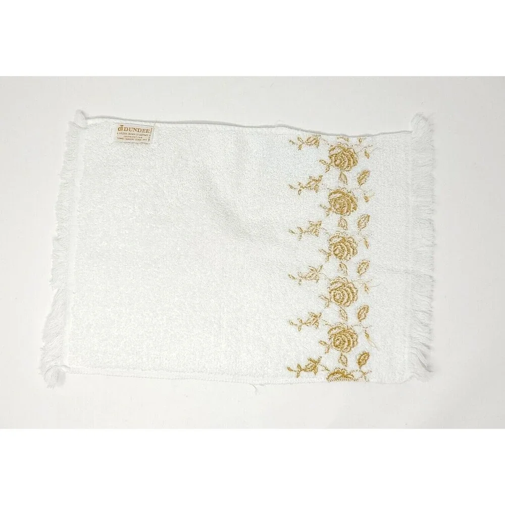Vintage Dundee Towel Set White Gold Roses Embroidered Made In USA Hair Hand